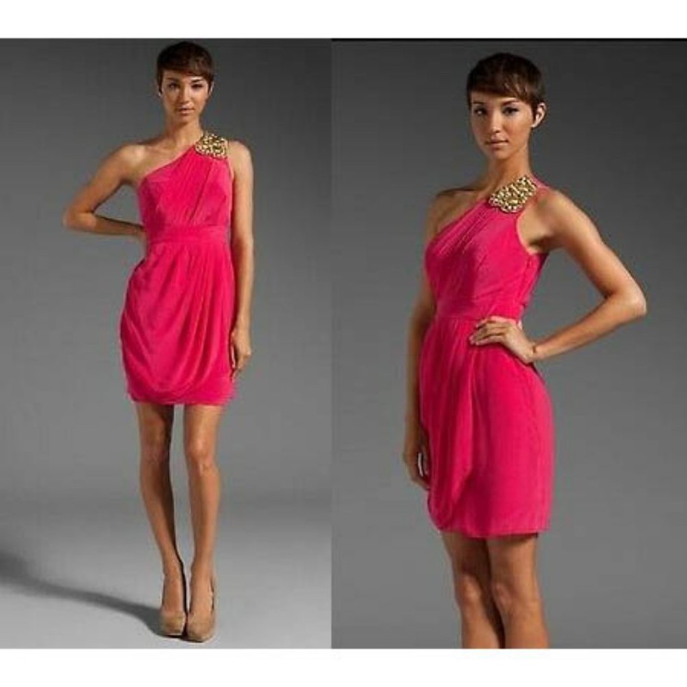 Shoshanna pink silk one-shoulder dress w/ beading